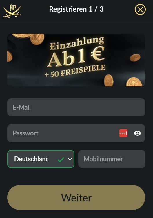 Registrierungsform von JackpotPiraten