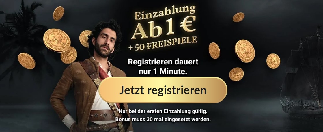 Willkommenbonus von JackpotPiraten Casino mit Pirat und fallenden Münzen