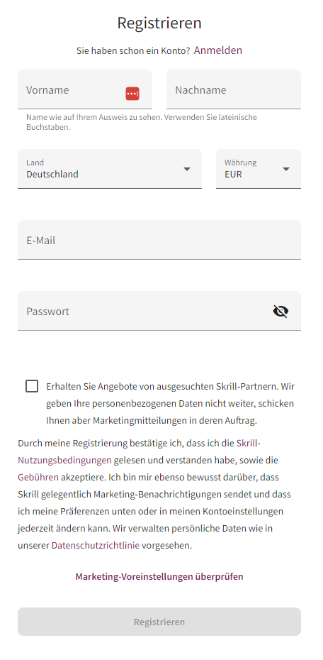 Registrierunsform Skrill