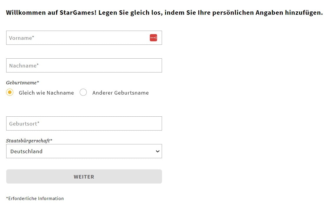 Stargames Registrierungsform