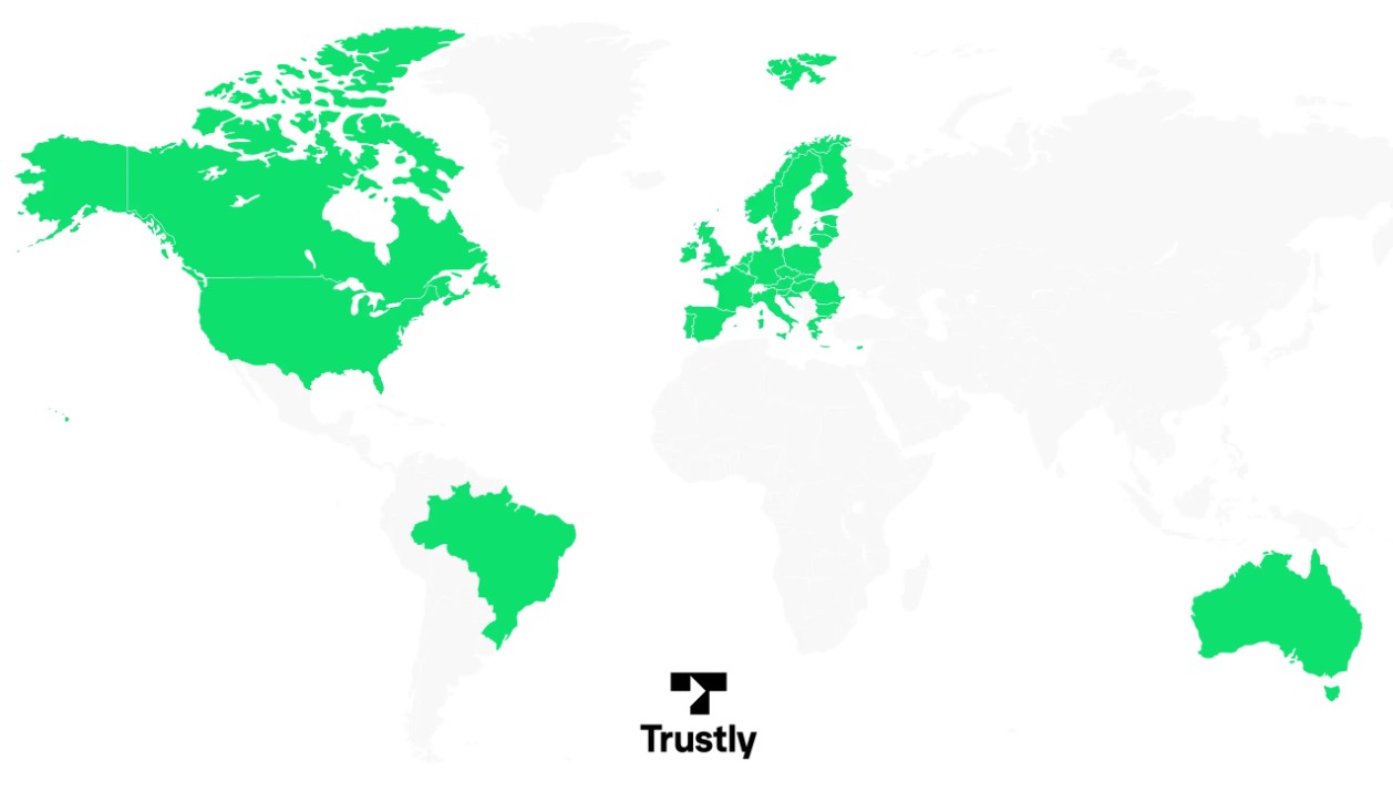 World map with countries working with Trustly
