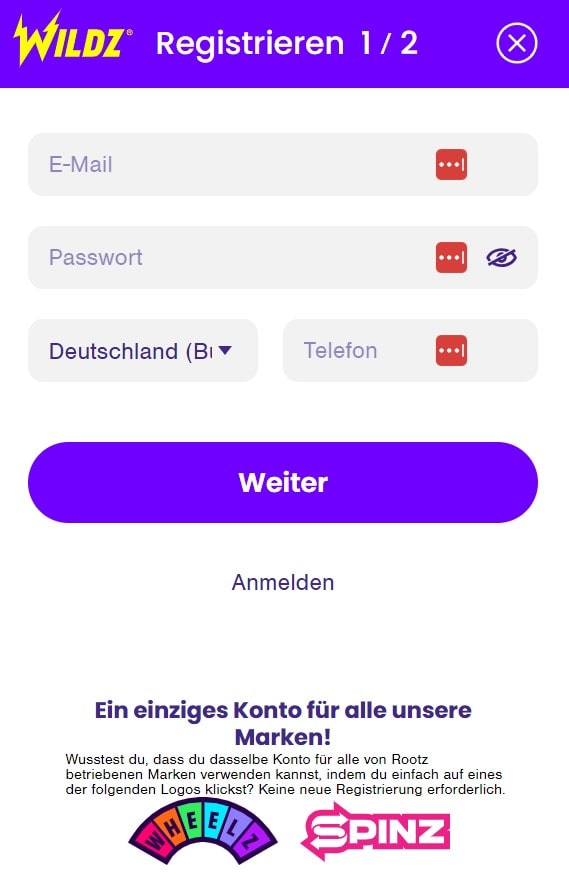 Wildz Casino Registrierungsform