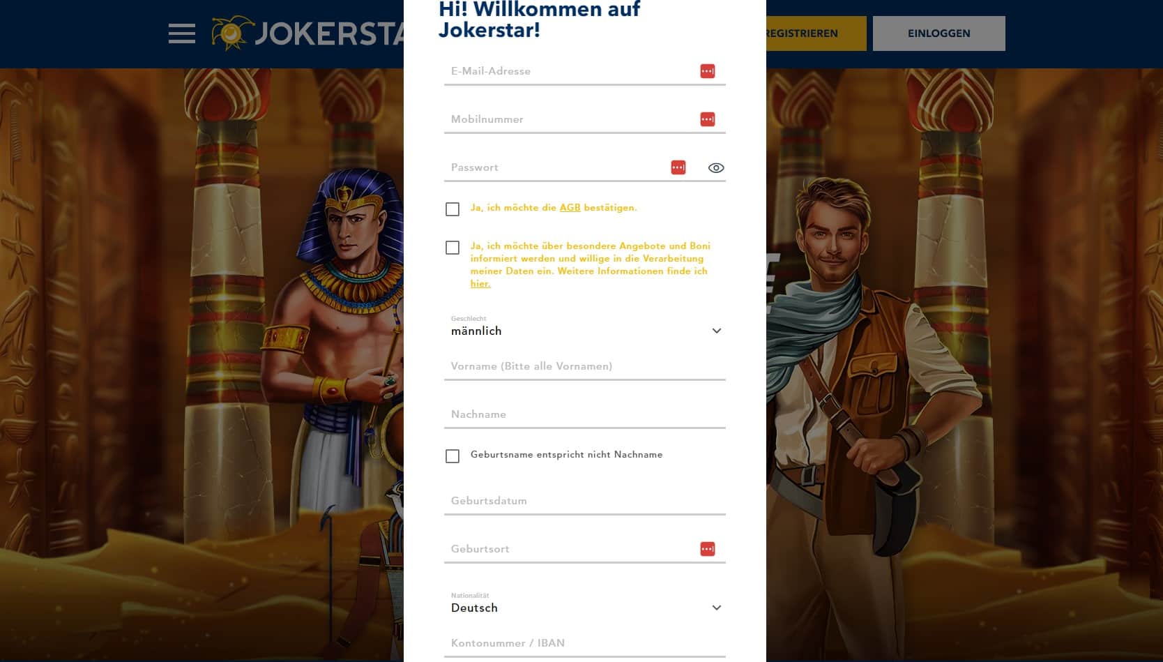 Jokerstar Registrierung